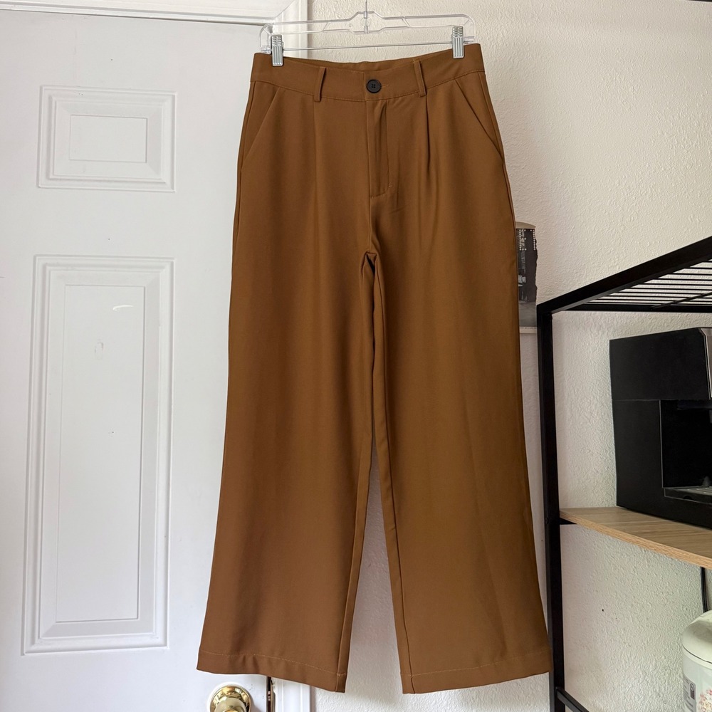 LEONSENSE brown camel high rise wide leg cropped trousers pants